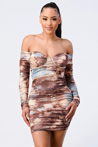 Veronica Watercolor Print OFF - Shoulder Ruched Mini Dress - Docias boutique