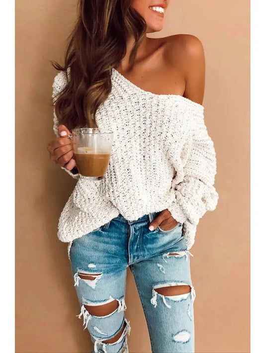 White V Neck Sexy Pullover Sweate - Docias boutique